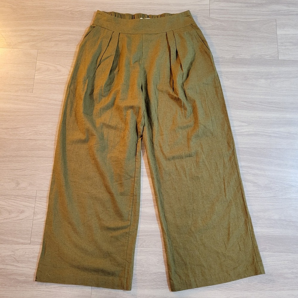 Abercrombie & Fitch Olive Green Linen Blend Pleated Wide Leg Pants Size M-Short